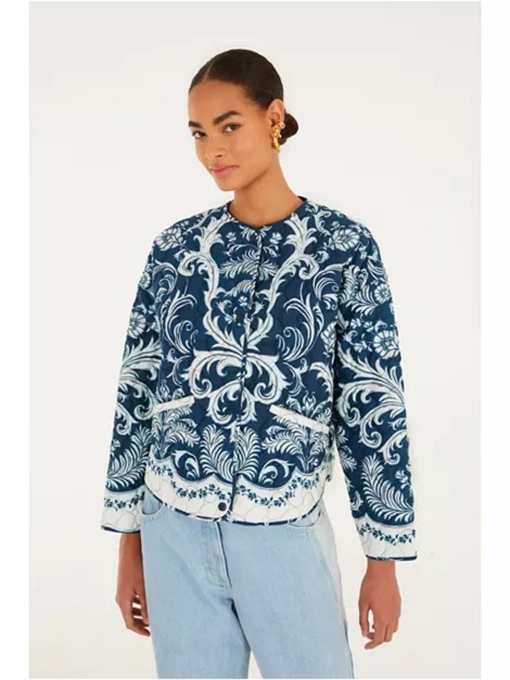 FARM Rio Navy and White Quilted Floral-Scroll Jacket